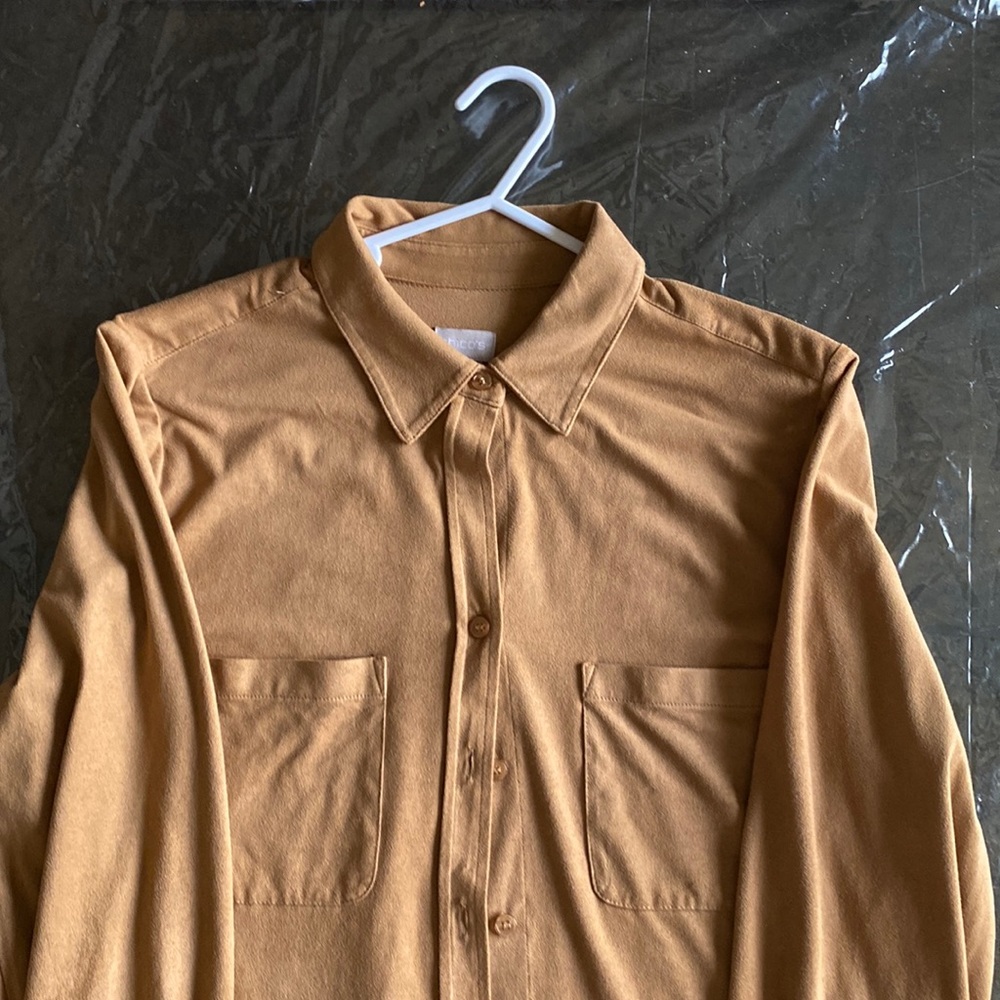 Chico’s Camel golden brown faux suede shirt size 1 (medium) perfect condition.